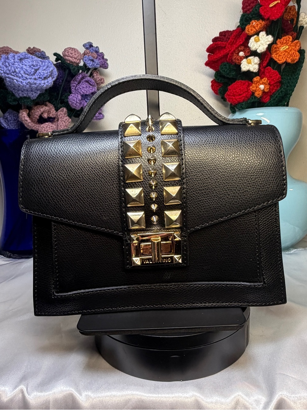Valentino Black Leather Satchel with Gold Stud Detailing EUC